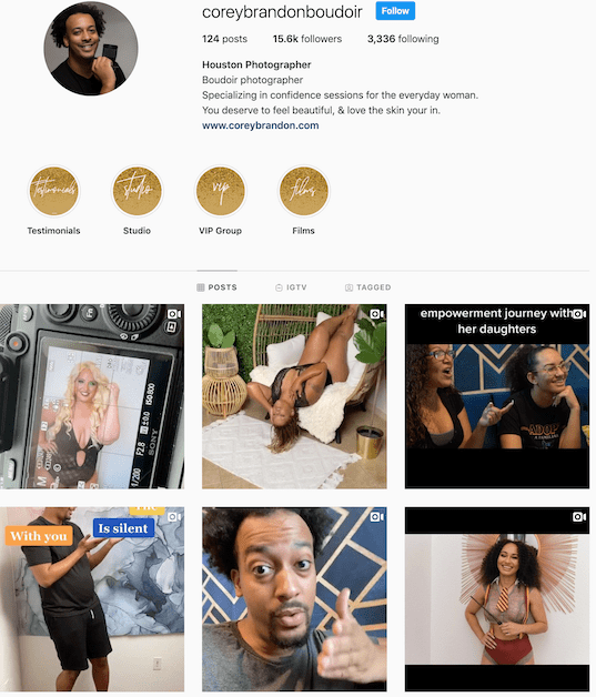 Corey Brandon boudoir photographer Instagram account main profile