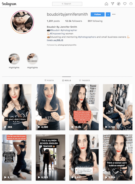 boudoir by jennifer smtih instagram reels main profile photography marketing
